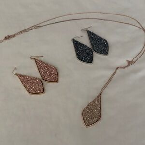 Glitter Teardrop Pendant Necklace and Earring Set - Rose Gold and Navy Blue